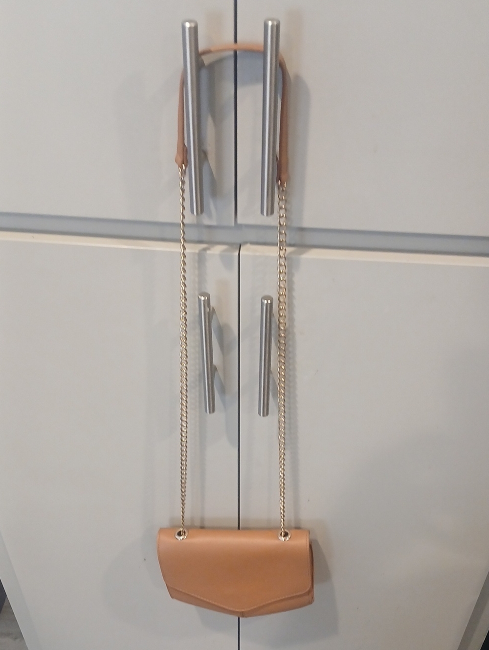 Madison West Tan Crossbody Bag with Gold Chain Strap